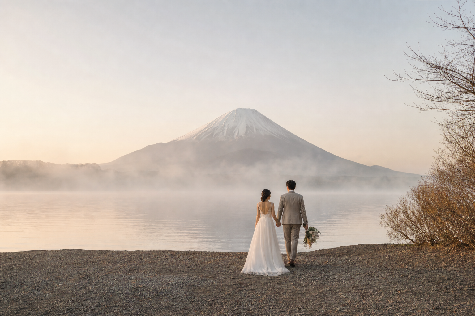 朝の湖と富士山を望む前撮りイメージ