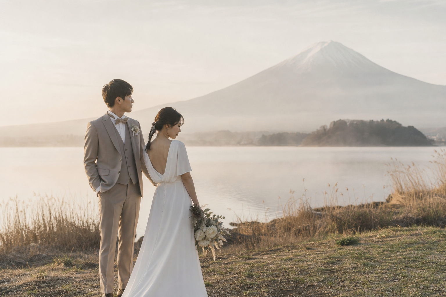 富士山を望む河口湖で前撮りをする新郎新婦