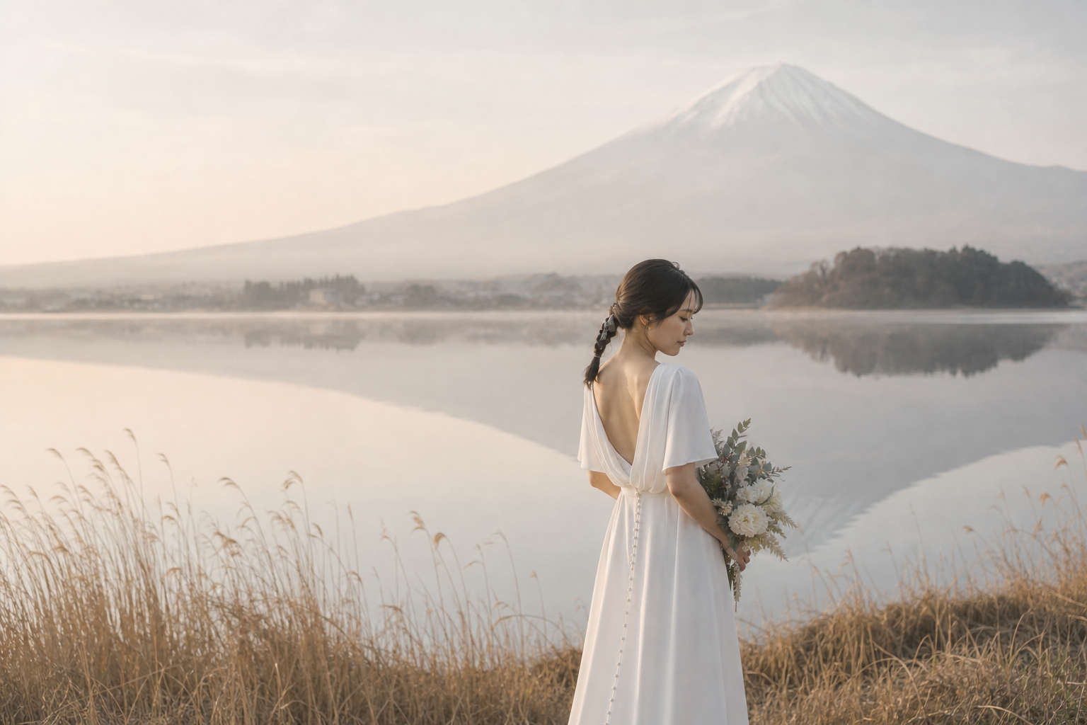 河口湖と富士山を背景にした花嫁の前撮り写真