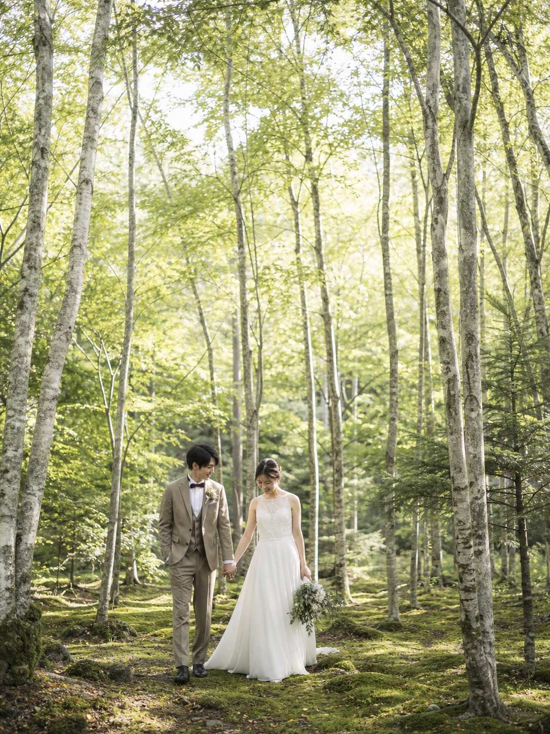 長野の高原の森で前撮りをする新郎新婦